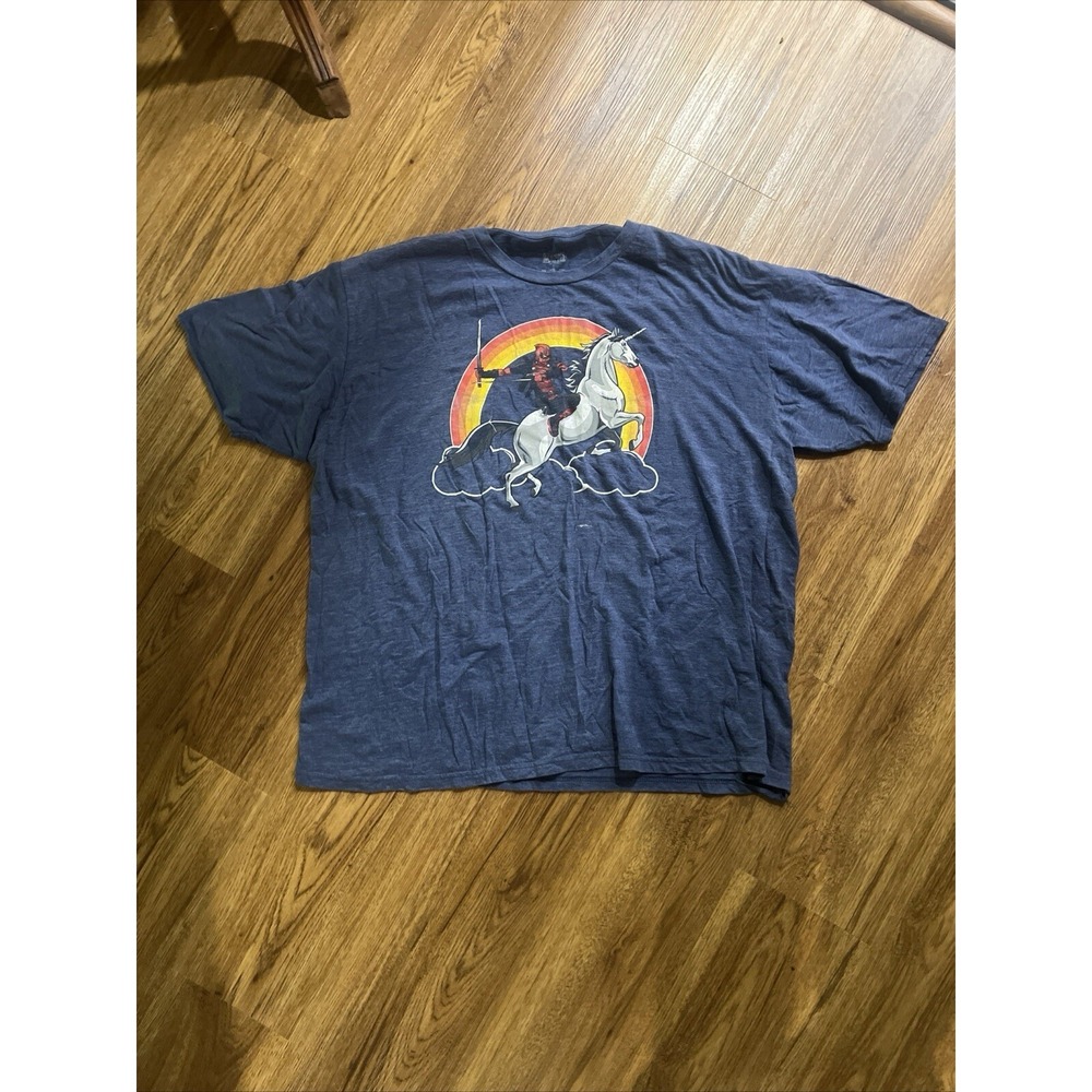 Marvel‎ Deadpool T Shirt Adult 2X Blue Comic Book Mens Unicorn